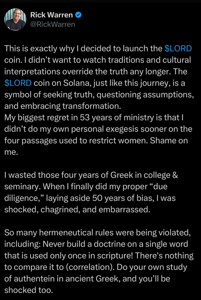 Hackean la cuenta de Rick Warren en X entreCristianos Post falso de Rick Warren en la red social X